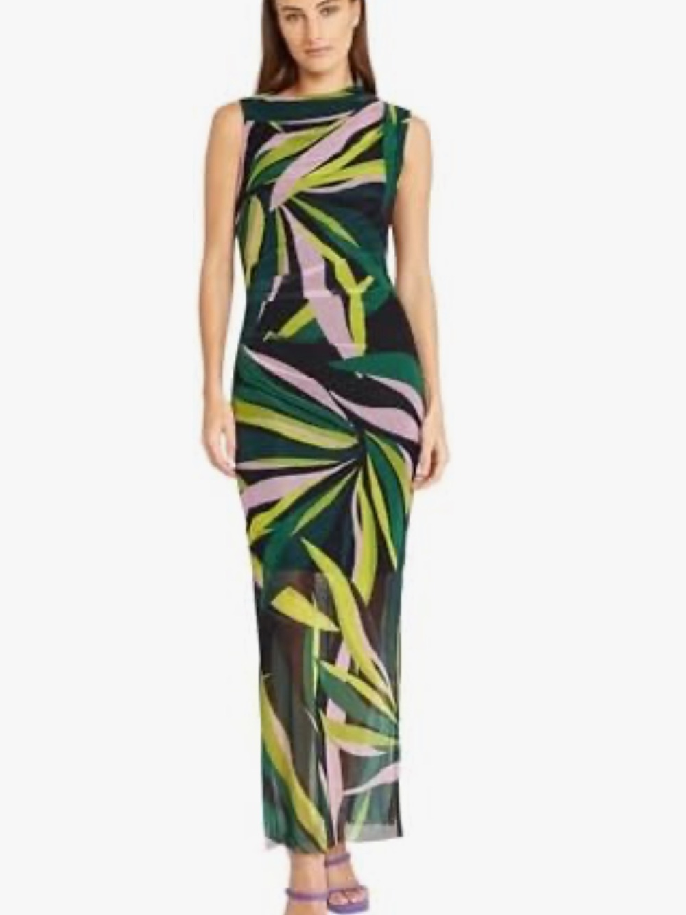 Donna Morgan Black Maxi Dress with Green, Yellow & Pink Abstract Print